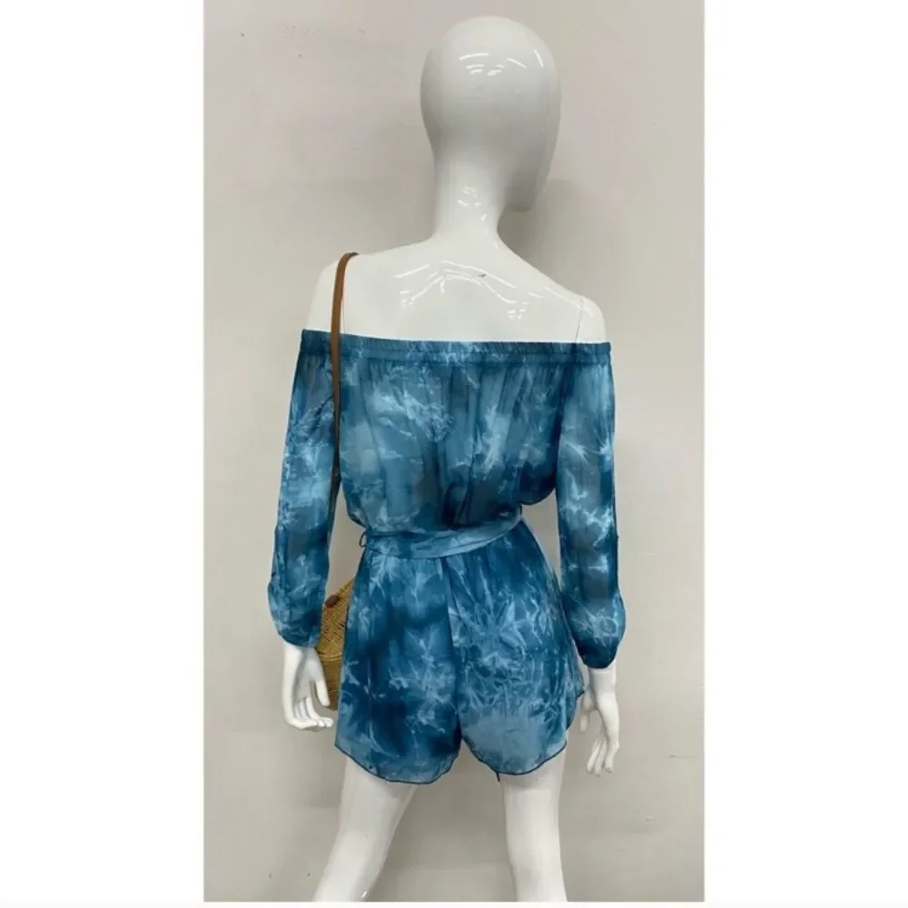 NWOT Belted Teal Blue Tie-Dye Off the Shoulder Romper